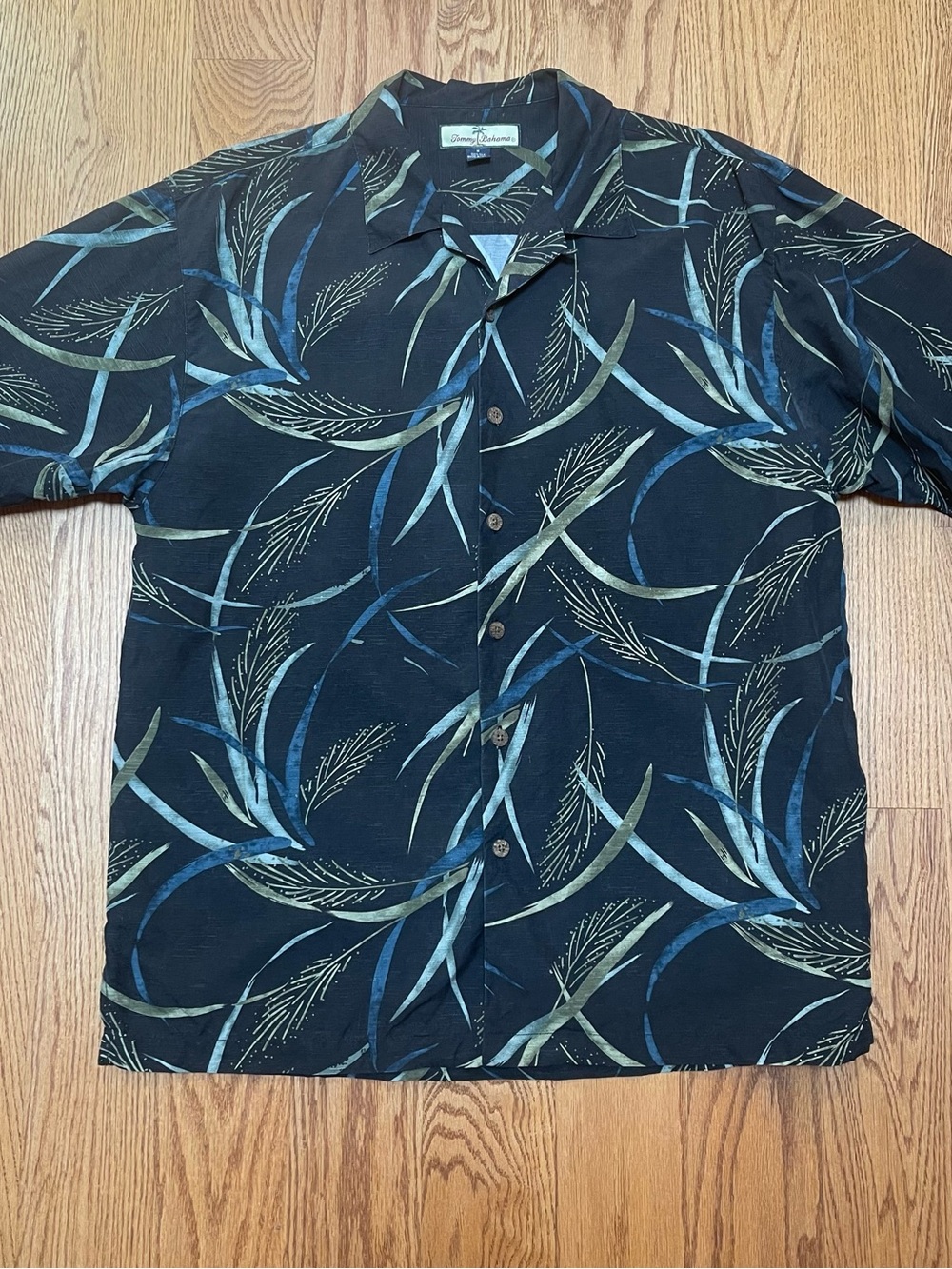 Vintage Tommy Bahama Black Shirt with Blue and Green Leaf Print